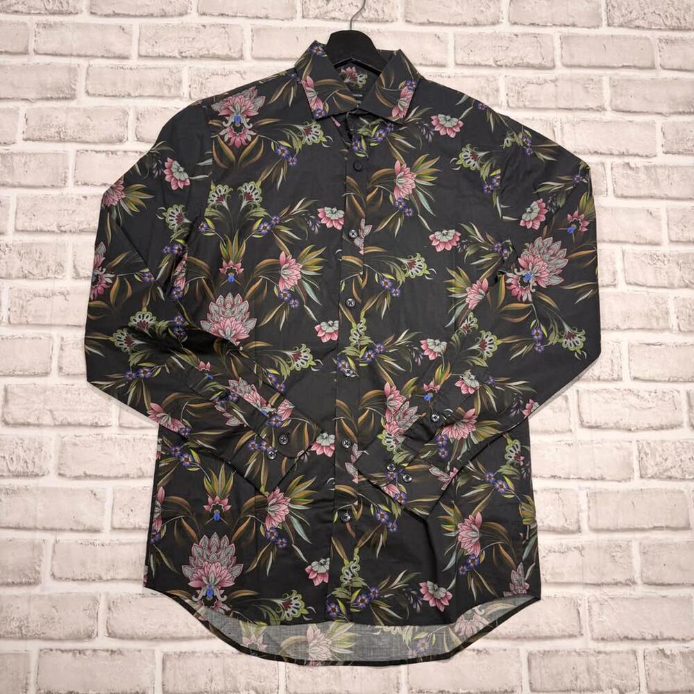 Matinique Floral Pattern Dress Shirt Men's S Black Pink‎ Green